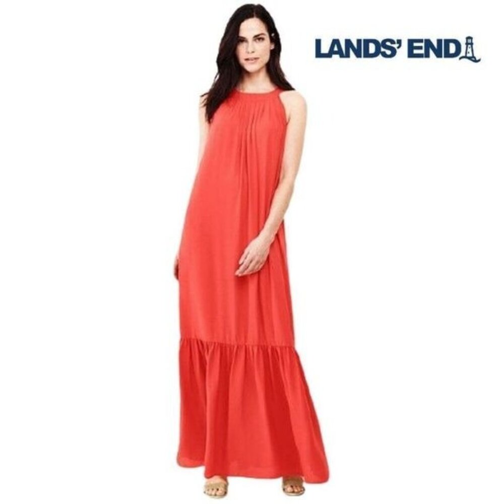 Lands' End  Women’s Casual Pleated Sleeveless Ruffle‎ Long Maxi Dress